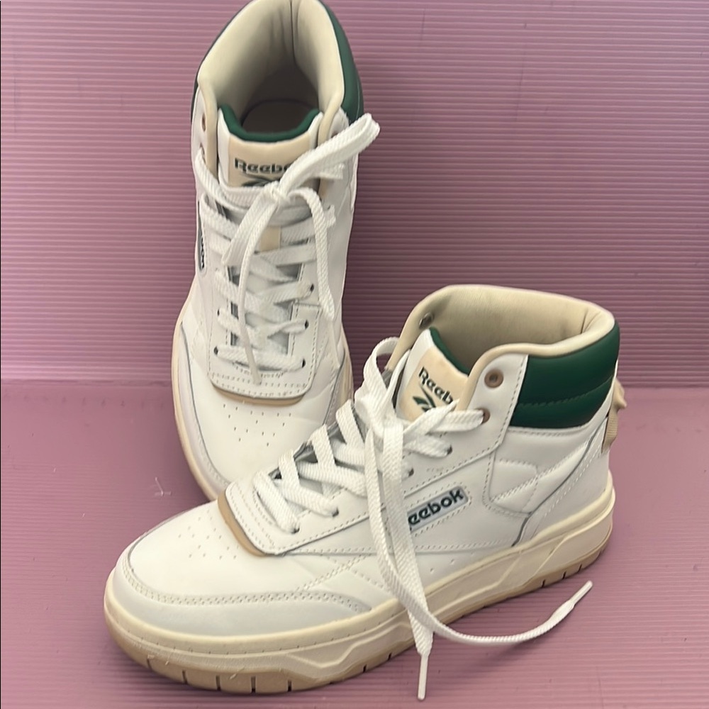 Reebok White and Green High-Top Sneakers